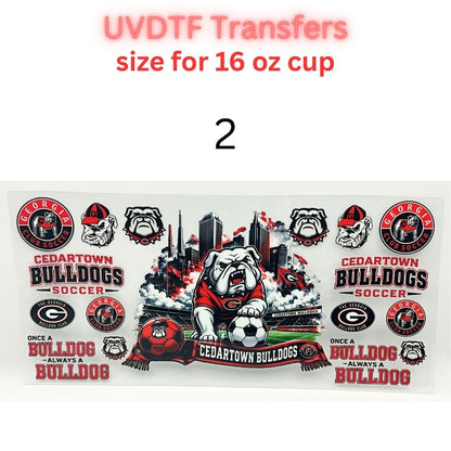 Sports Bulldog Soccer UV DTF Cup Wrap | 16 oz Tumbler Decal | Red & Black Mascot-Inspired Waterproof Transfer