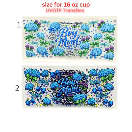 Boy Mom Floral Hydrangea UV DTF Transfer | Blue Floral Glass Can Wrap | 16 oz Cup Decal