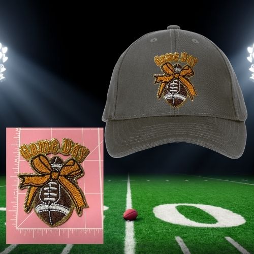 Game Day Bow Football Patches – Ready to Press Iron-On Embroidery for Hats, Jackets & Bags