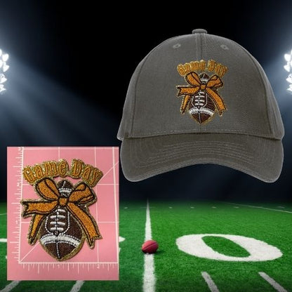 Game Day Bow Football Patches – Ready to Press Iron-On Embroidery for Hats, Jackets & Bags