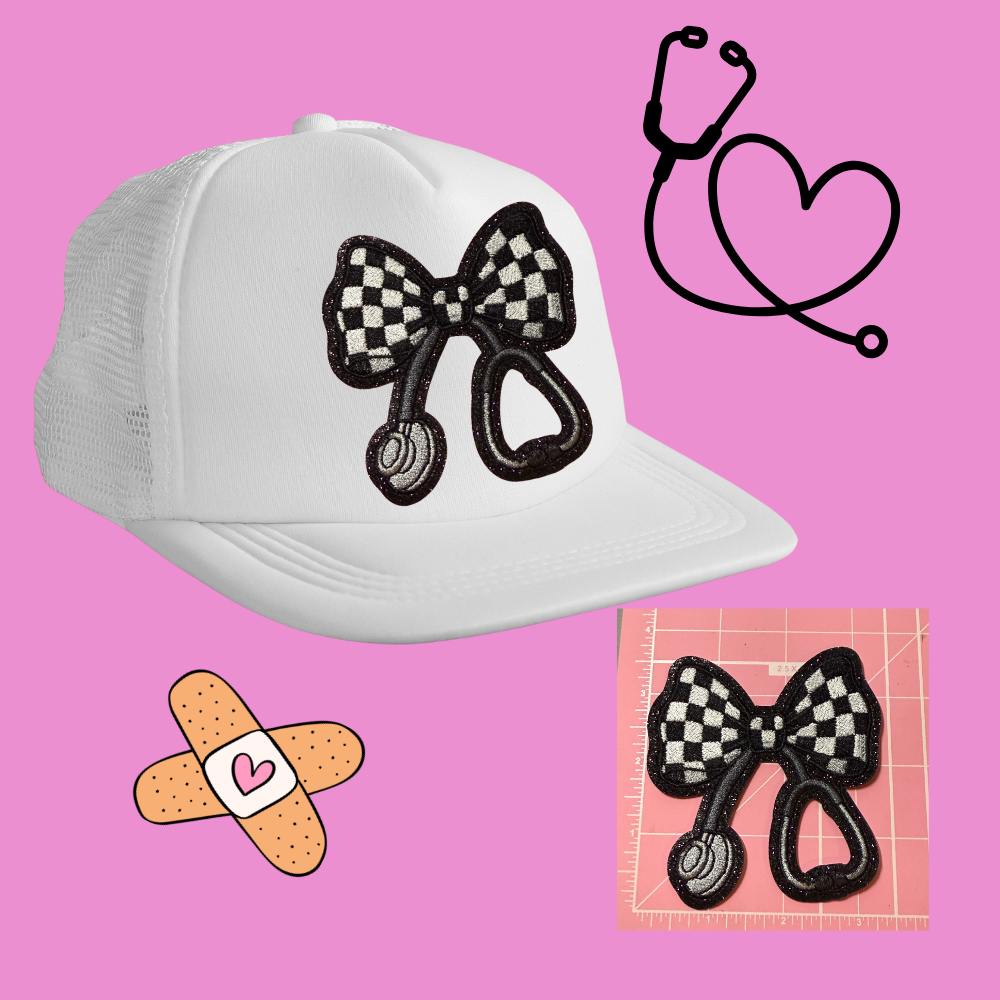 Nurse Stethoscope Bow Patch – Ready to Press Small Embroidery Patch for Hats, Bags & Jackets