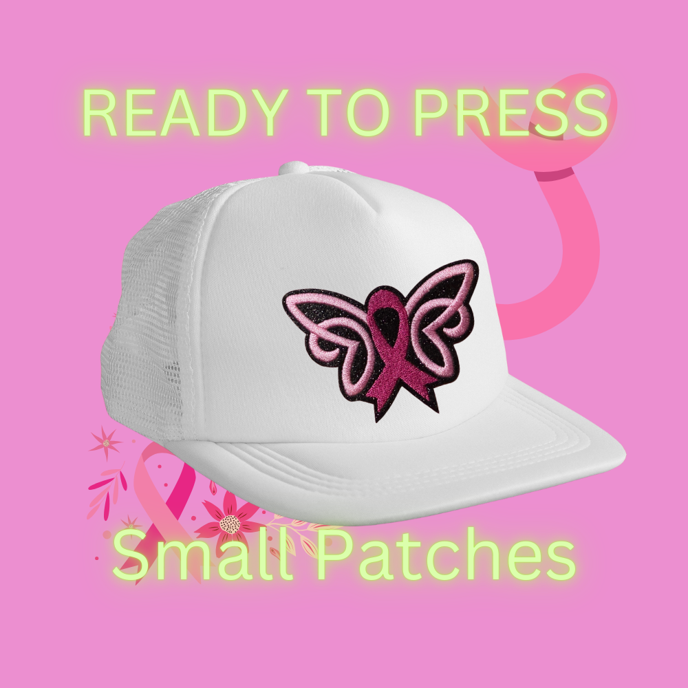 Breast Cancer Awareness Small Patches – Pink Ribbon & Butterfly Ready to Press Iron-On Embroidery
