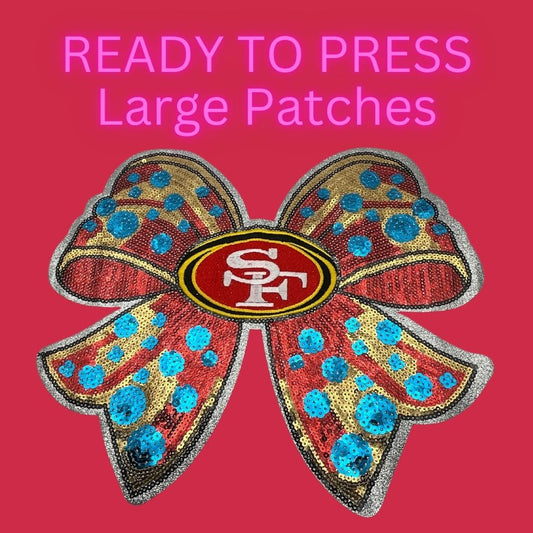 Ready to Press Large Sequin Bow Patch – Sparkly Red & Gold Heat Press Patch for Shirts, Hoodies & Jackets