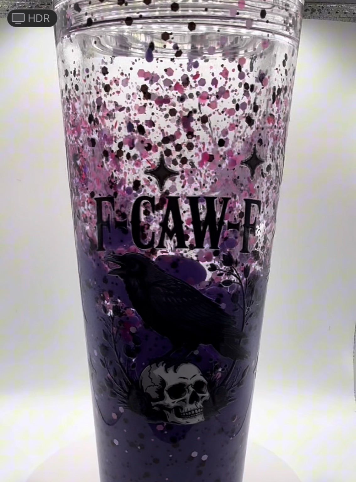 “F-CAW-R” Gothic Raven Glitter Tumbler – Purple & Black Skull Cup (24oz)