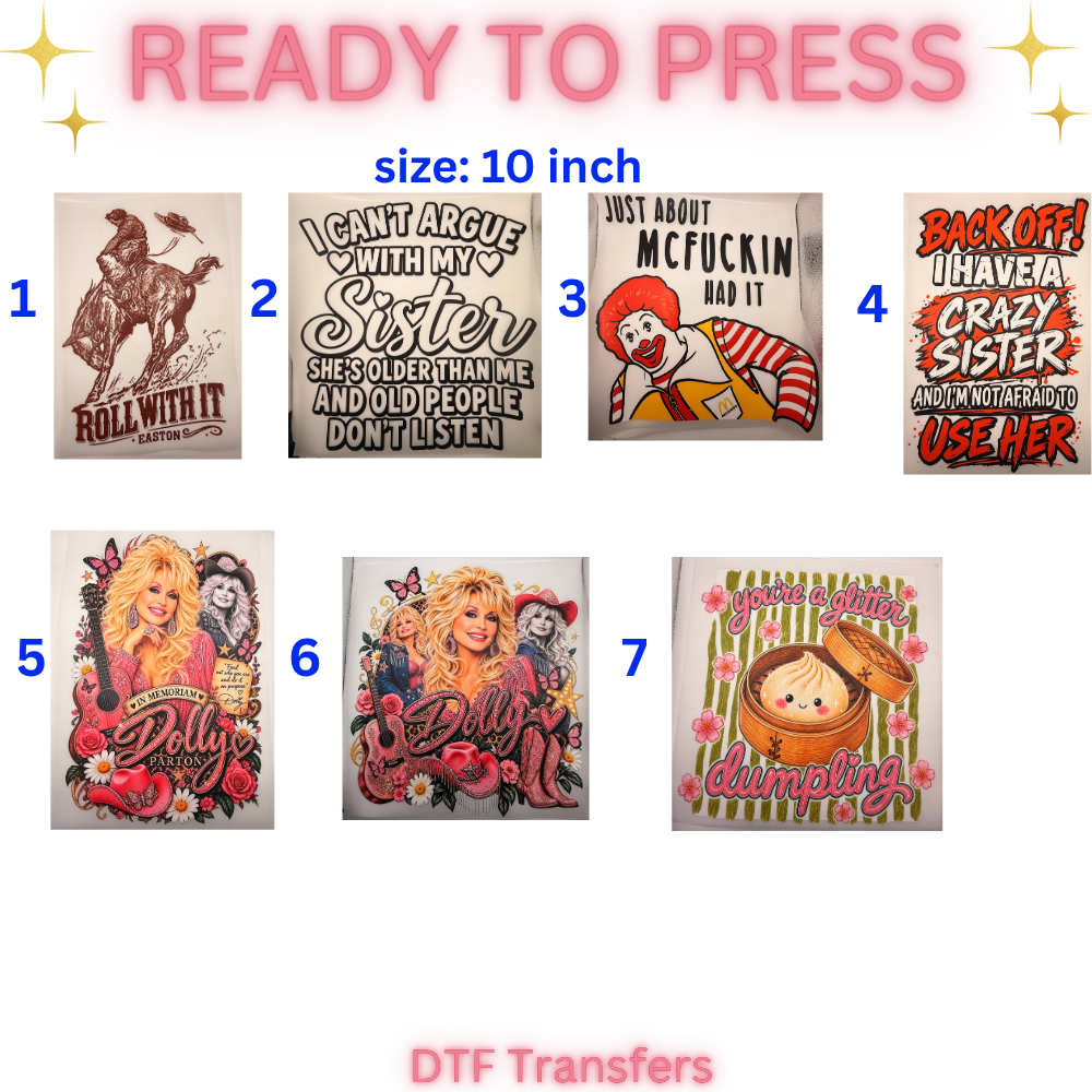 Ready-to-Press DTF Transfers | Western, Funny & Dolly Designs | 10-Inch