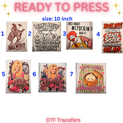 Ready-to-Press DTF Transfers | Western, Funny & Dolly Designs | 10-Inch