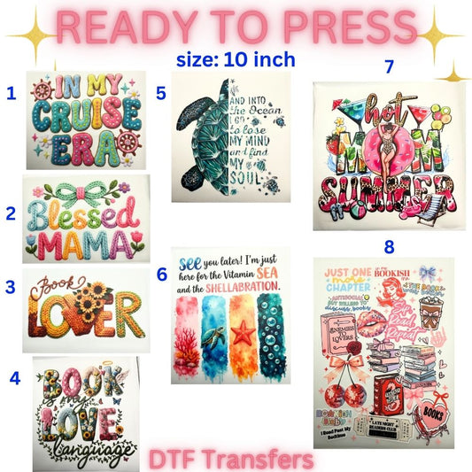 Cute Coastal & Summer Ready-To-Press DTF Transfers | Bookish, Beach & Inspirational Heat Transfers | 10 Inch Designs