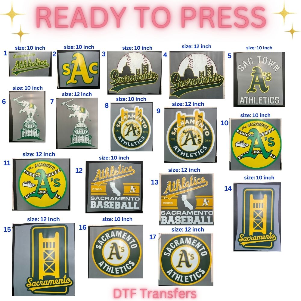 Ready to Press DTF Transfer | Sacramento Baseball Fan Inspired Shirt Transfers | 10 & 12 Inch Heat Transfers | Choose Your Design