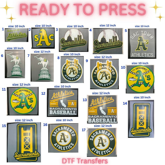 Ready to Press DTF Transfer | Sacramento Baseball Fan Inspired Shirt Transfers | 10 & 12 Inch Heat Transfers | Choose Your Design