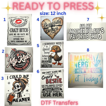 Trendy Ready-To-Press DTF Transfers | Funny Quotes, Retro Skeletons, Sassy Sayings & Motivational Graphics | 12 Inch