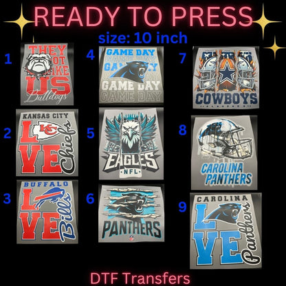 Football Inspired Ready-To-Press DTF Transfers | Game Day Sports Heat Transfers | 10 Inch Shirt Designs