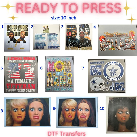 Ready to Press DTF Transfers | Sports Mom | Veteran | Nana | Funny Face Designs | 10 Inch Heat Transfers