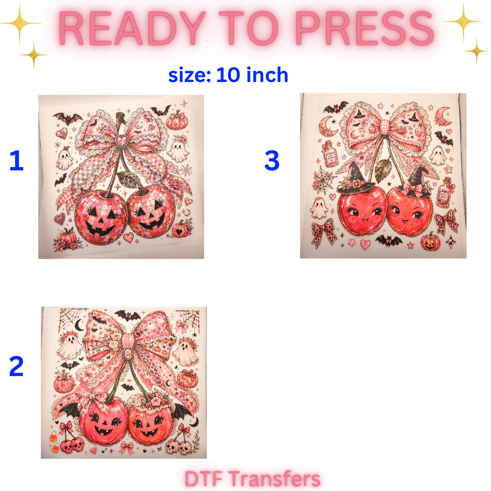 Pink Halloween Cherry DTF Transfers | 10-Inch Ready-to-Press | 3 Designs