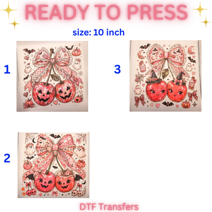 Pink Halloween Cherry DTF Transfers | 10-Inch Ready-to-Press | 3 Designs