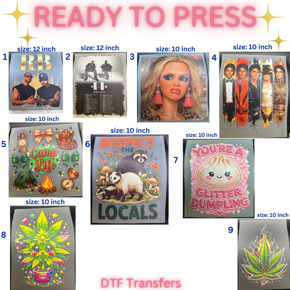 Ready to Press DTF Transfers | Camp Life | Funny Face | Woodland Animals | Cute Dumpling | Novelty Designs | 10 Inch and 12 Inch Heat Transfer