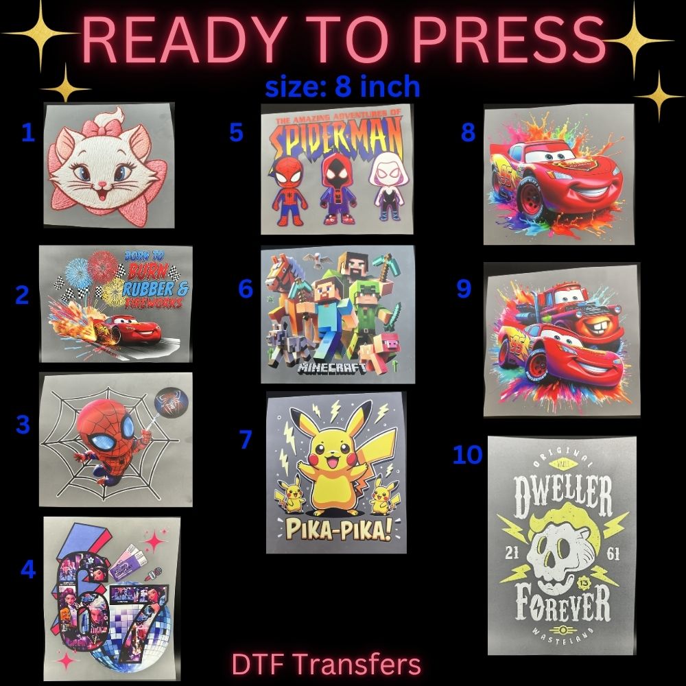 Cute Cartoon & Gamer Inspired DTF Transfers | Kids Character Style Heat Transfers | Ready To Press 8 Inch