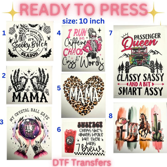 Trendy Ready-To-Press DTF Transfers | Spooky, Western, Mama & Sassy Graphic Heat Transfers | 10 Inch Designs