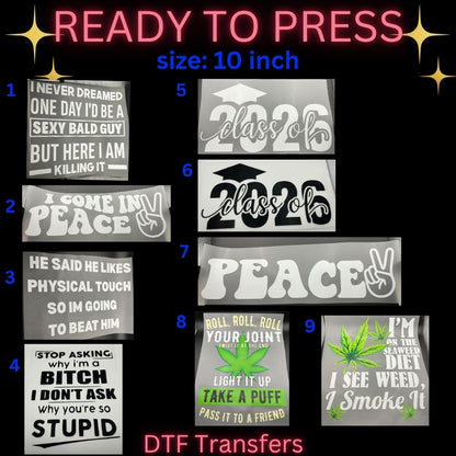 Funny & Retro Ready-To-Press DTF Transfers | Graduation, Peace & Humor Heat Transfers |