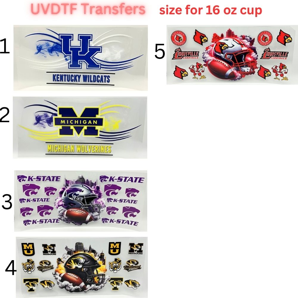 College Style Football UV DTF Wrap for 16oz Glass Can | Blue Yellow Purple Red Sports Fan Cup Wrap | Game Day Tumbler Decal