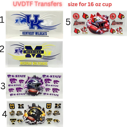 College Style Football UV DTF Wrap for 16oz Glass Can | Blue Yellow Purple Red Sports Fan Cup Wrap | Game Day Tumbler Decal