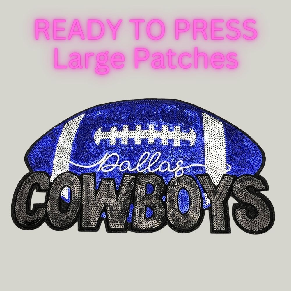 Ready to Press Blue Sequin Football Patches – Sparkly Boutique Heat Press Patch for Sports Fans