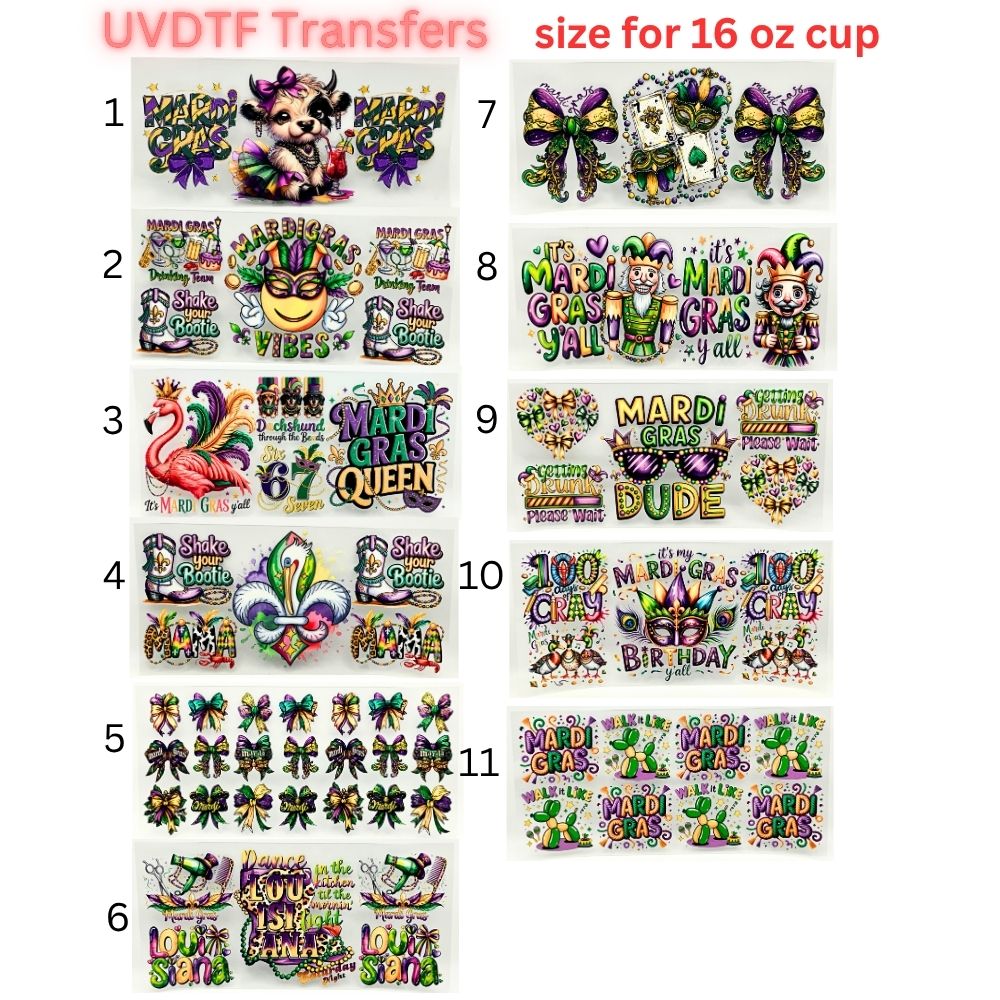 Mardi Gras UVDTF Cup Wrap | Carnival Tumbler Decal | Purple Green Gold Beads Mask Design | 16oz Glass Cup Transfer