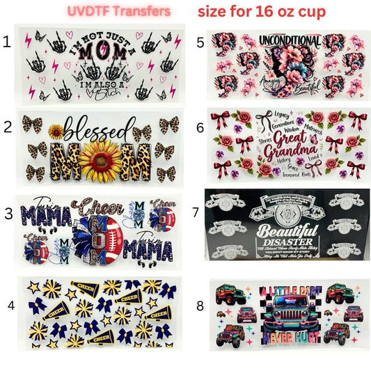 Mom Life & Lifestyle UV DTF Cup Wraps | 16oz Tumbler Transfers | Cheer, Floral, Grandma, Self-Love & Off-Road Designs