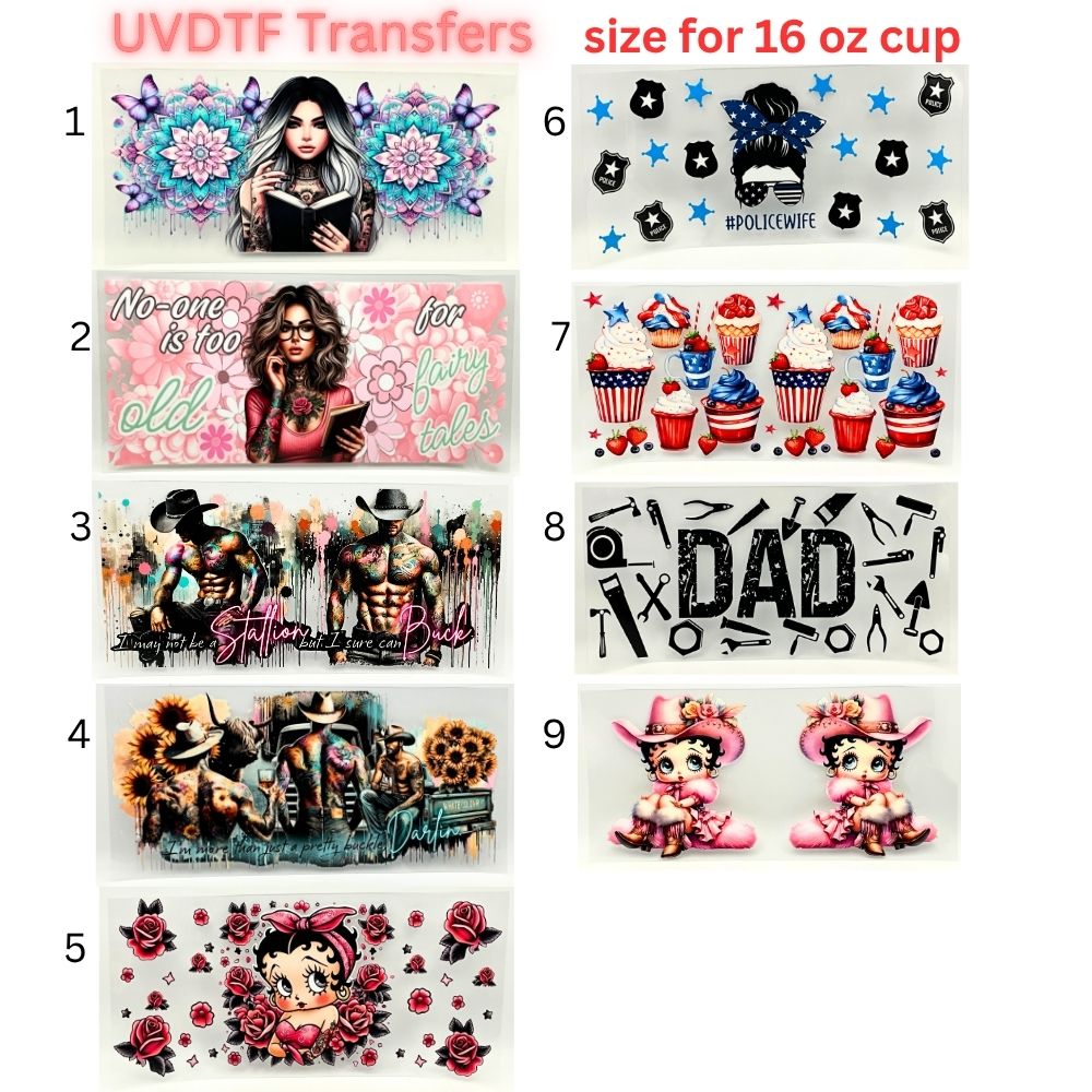 Trendy UVDTF Tumbler Wraps | Cowgirl, Book Lover, Patriotic & Dad Designs | 16oz Glass Cup Transfer | Cute & Western Aesthetic