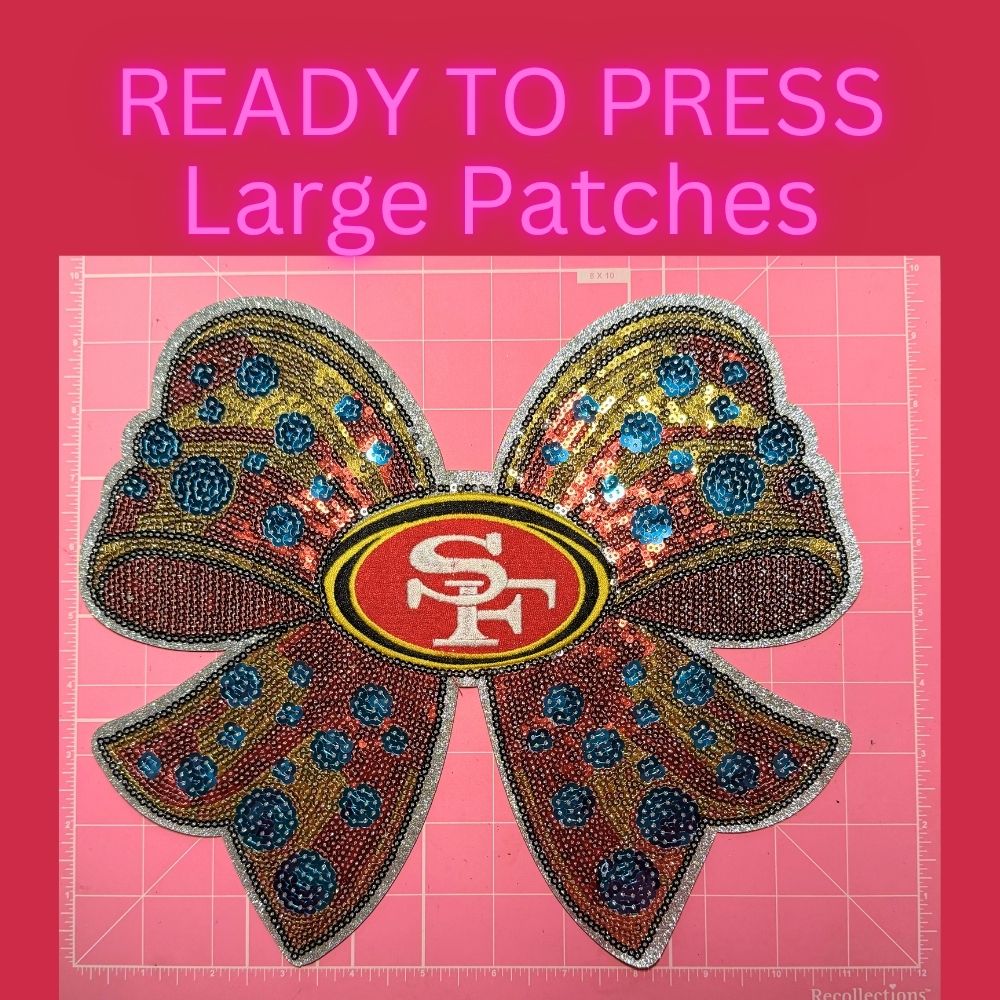 Ready to Press Large Sequin Bow Patch – Sparkly Red & Gold Heat Press Patch for Shirts, Hoodies & Jackets