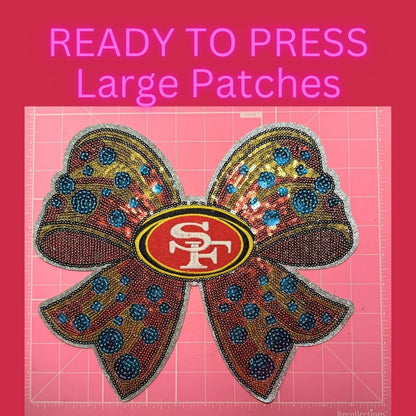 Ready to Press Large Sequin Bow Patch – Sparkly Red & Gold Heat Press Patch for Shirts, Hoodies & Jackets