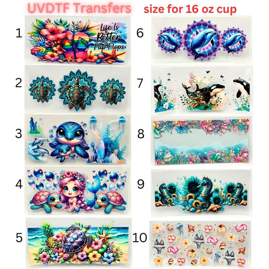 Ocean UVDTF Cup Wrap | Sea Turtle Dolphin Tumbler Decal | Beach Summer Coastal Designs | 16oz Glass Cup Transfer