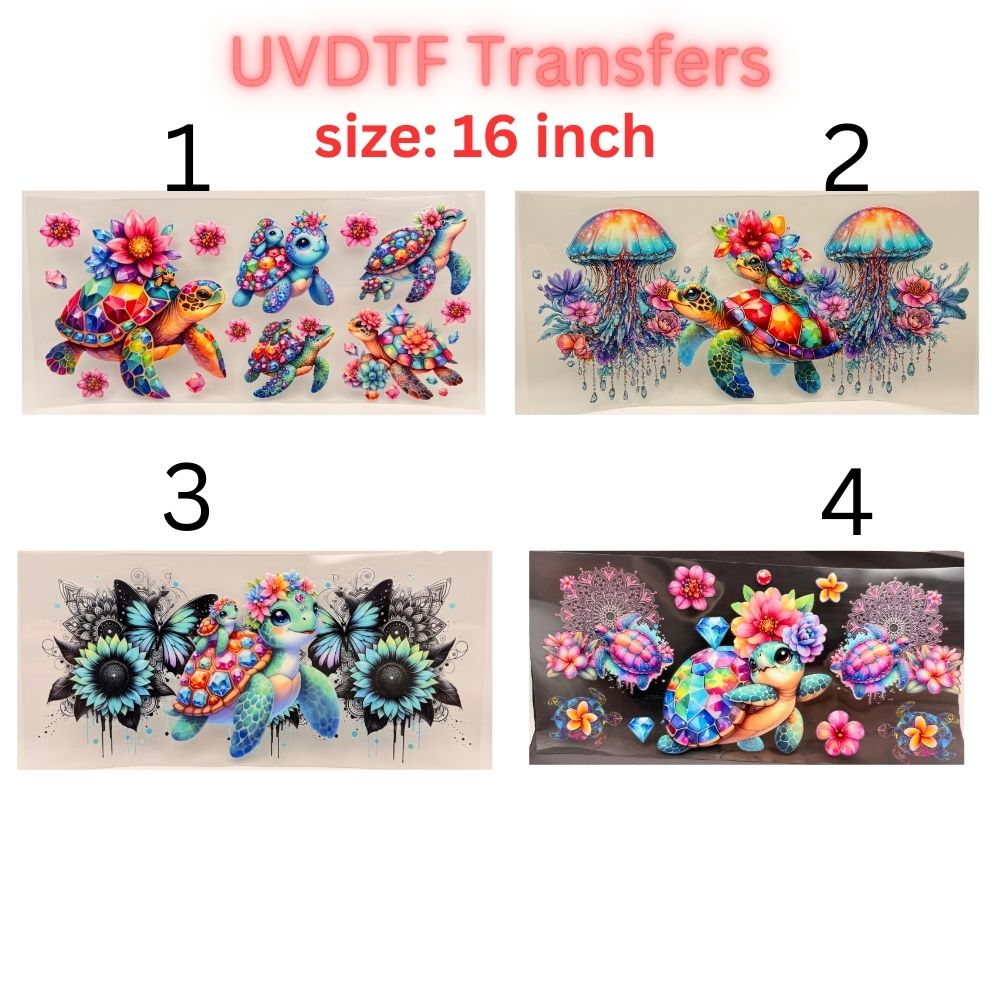 UV DTF Transfer – Colorful Floral Sea Turtle Design – 16 Inch