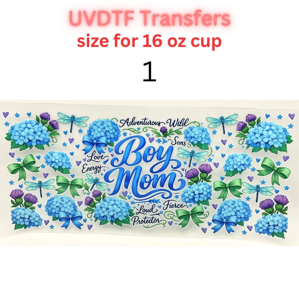 Boy Mom Floral Hydrangea UV DTF Transfer | Blue Floral Glass Can Wrap | 16 oz Cup Decal