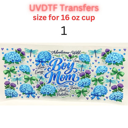 Boy Mom Floral Hydrangea UV DTF Transfer | Blue Floral Glass Can Wrap | 16 oz Cup Decal