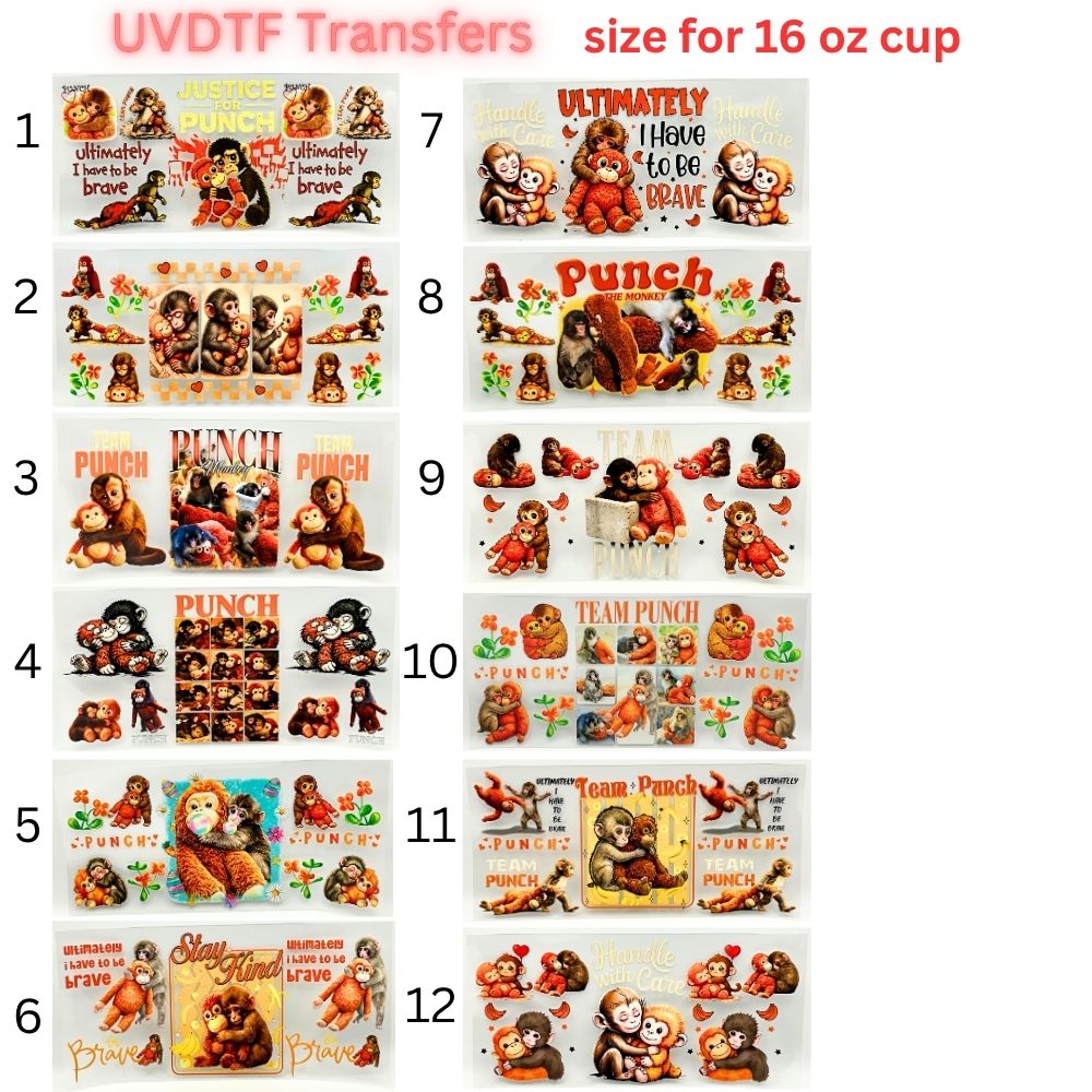 Cute Monkey UVDTF Cup Wrap | Plush Animal Tumbler Decal | Kawaii Cartoon Wrap | 16oz Glass Cup Transfer
