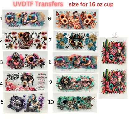 Boho Floral UV DTF Cup Wrap for 16oz Glass Can | Western Cowgirl, Book Lover & Sunflower Tumbler Decal | Aesthetic Drinkware Transfer
