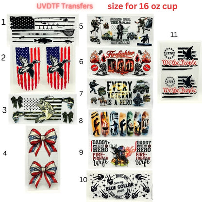 Patriotic & Blue Collar UV DTF Cup Wraps | 16oz Tumbler Transfers | Fishing, Firefighter, Military, Dad Life, Americana Designs