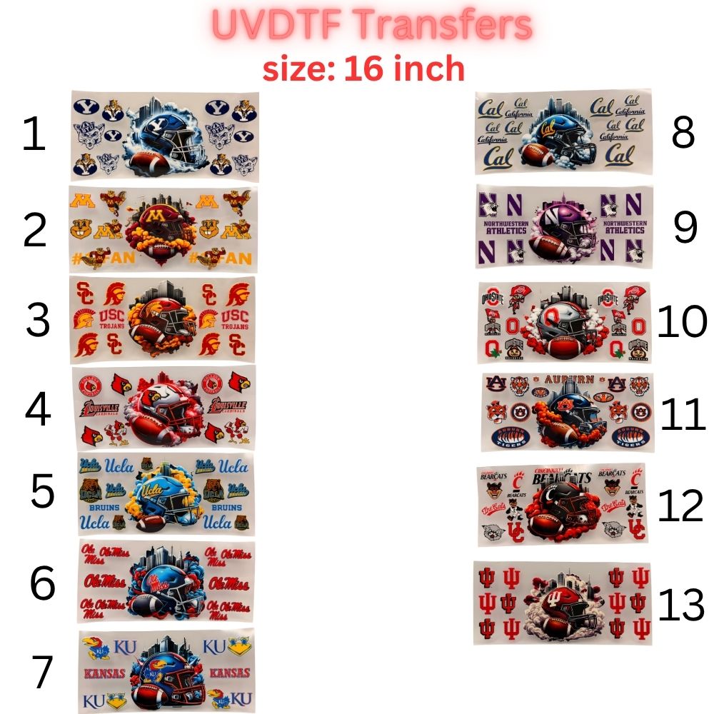 Football Inspired UVDTF Cup Wraps | 16 oz Glass Wrap Transfers | Game Day Helmet Designs | Sports Color Themes
