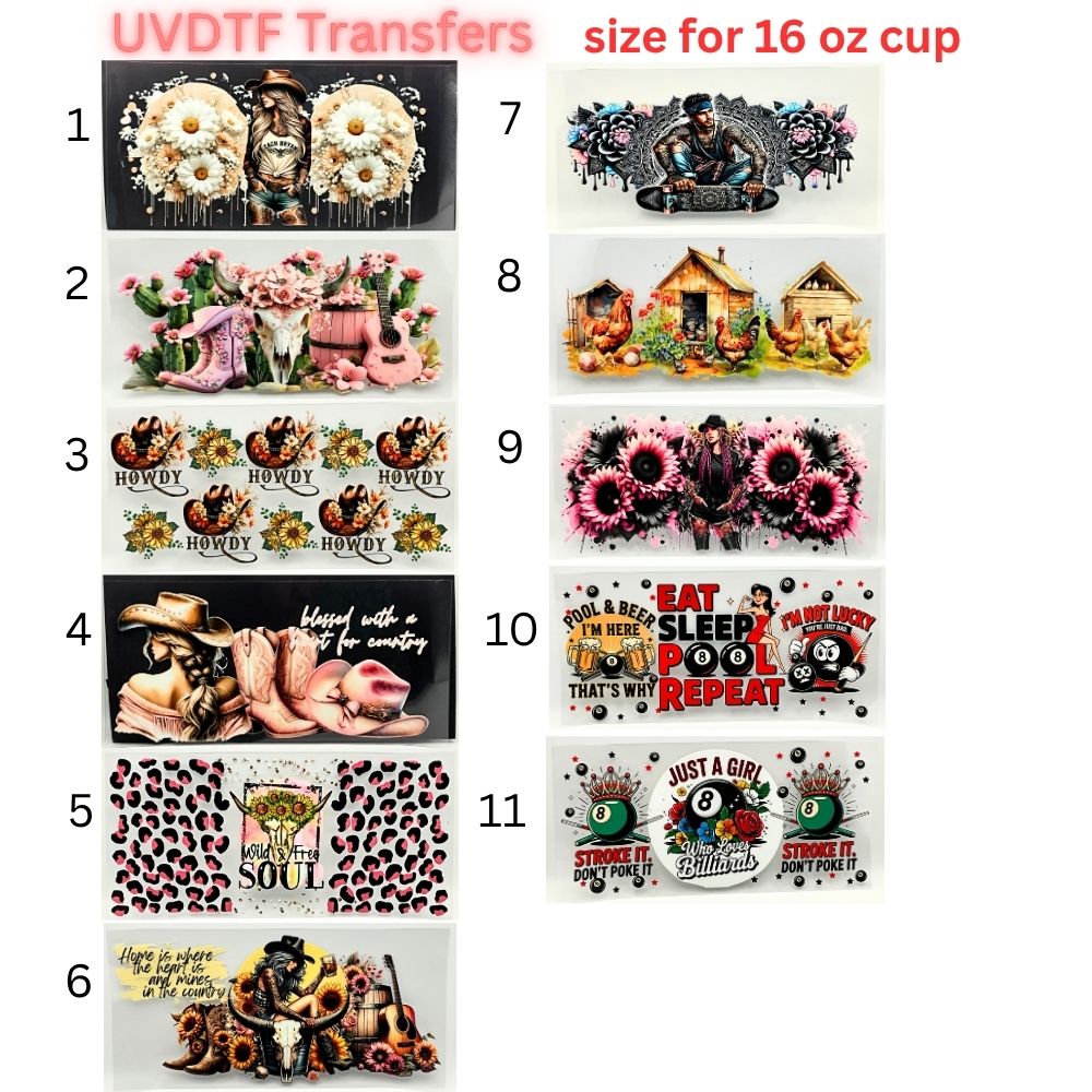 Western UVDTF Cup Wrap | Country Cowgirl Tumbler Decal | Floral Skull & Farmhouse Designs | 16oz Glass Cup Transfer