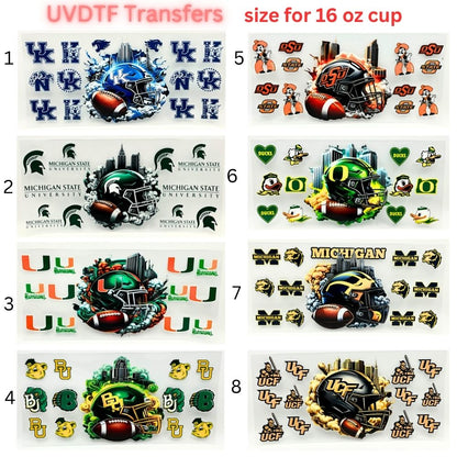 UVDTF Football Cup Wraps for 16oz Glass | College-Inspired Sports Designs | Helmet & City Theme Wraps | Ready to Apply Decals