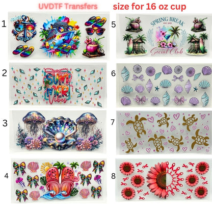 Summer Vacation UV DTF Cup Wraps | 16oz Tumbler Transfers | Beach, Cruise, Tropical, Sea Life & Floral Designs