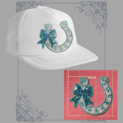 Glitter Horseshoe with Bow Patches – Ready to Press Small Iron-On Appliques (Multiple Colors)
