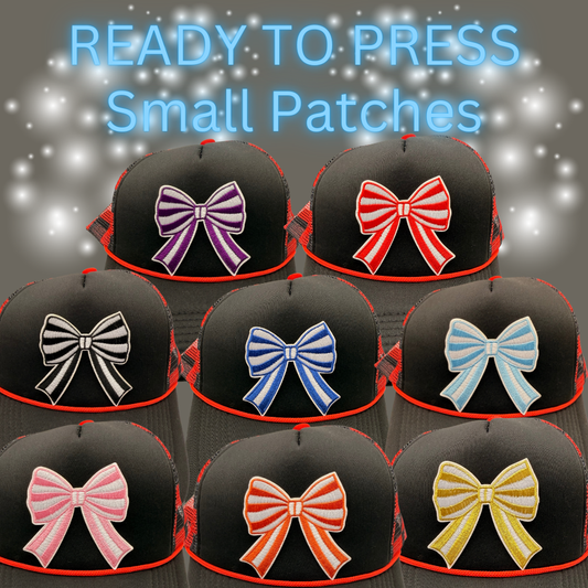 Ready to Press Small Bow Patches – Embroidered Striped Bow Appliqués for Hats, Clothing, Accessories