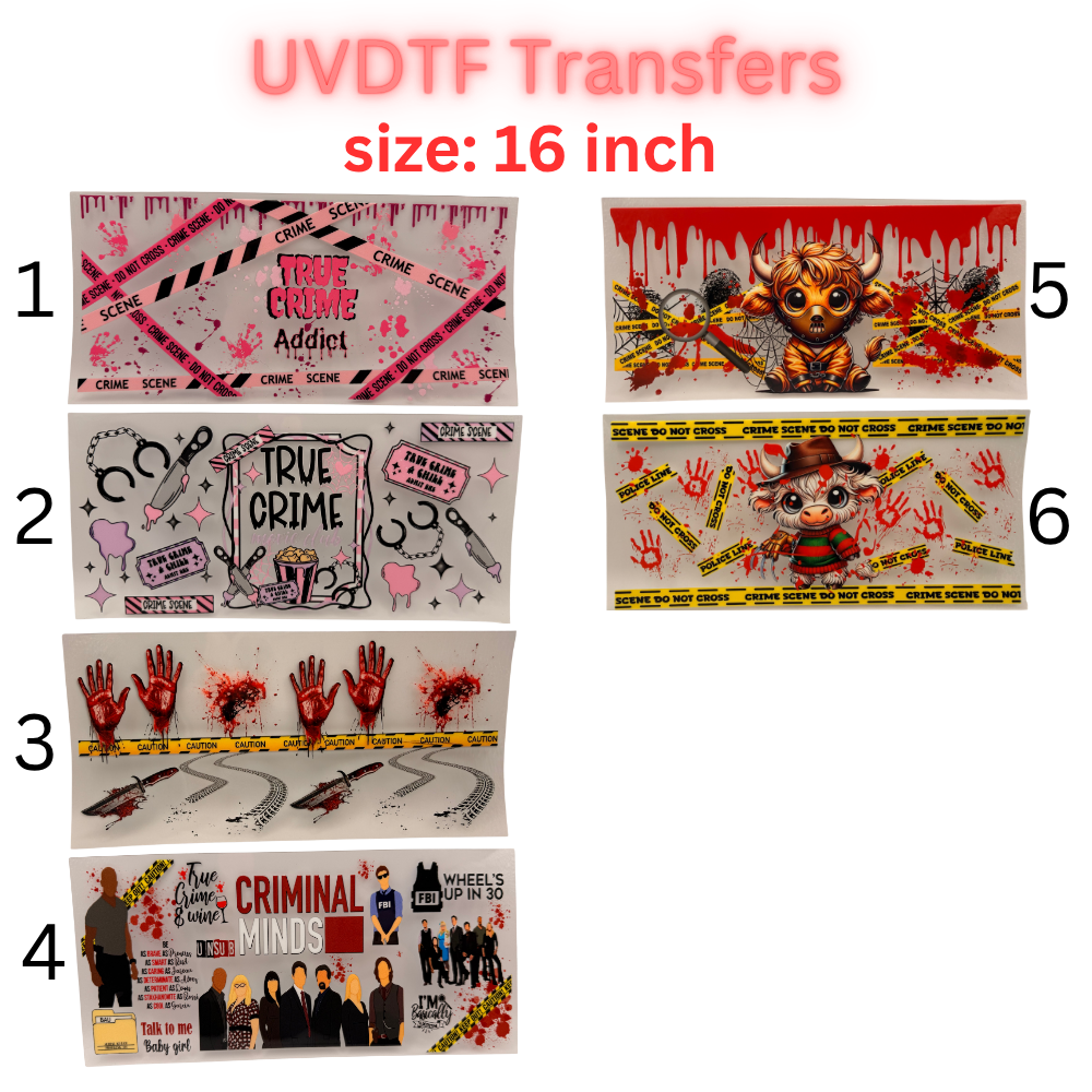 True Crime Inspired UVDTF Transfers | 16 Inch Wraps | Crime Scene Aesthetic Designs | Cup Wrap Bundle