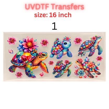 UV DTF Transfer – Colorful Floral Sea Turtle Design – 16 Inch