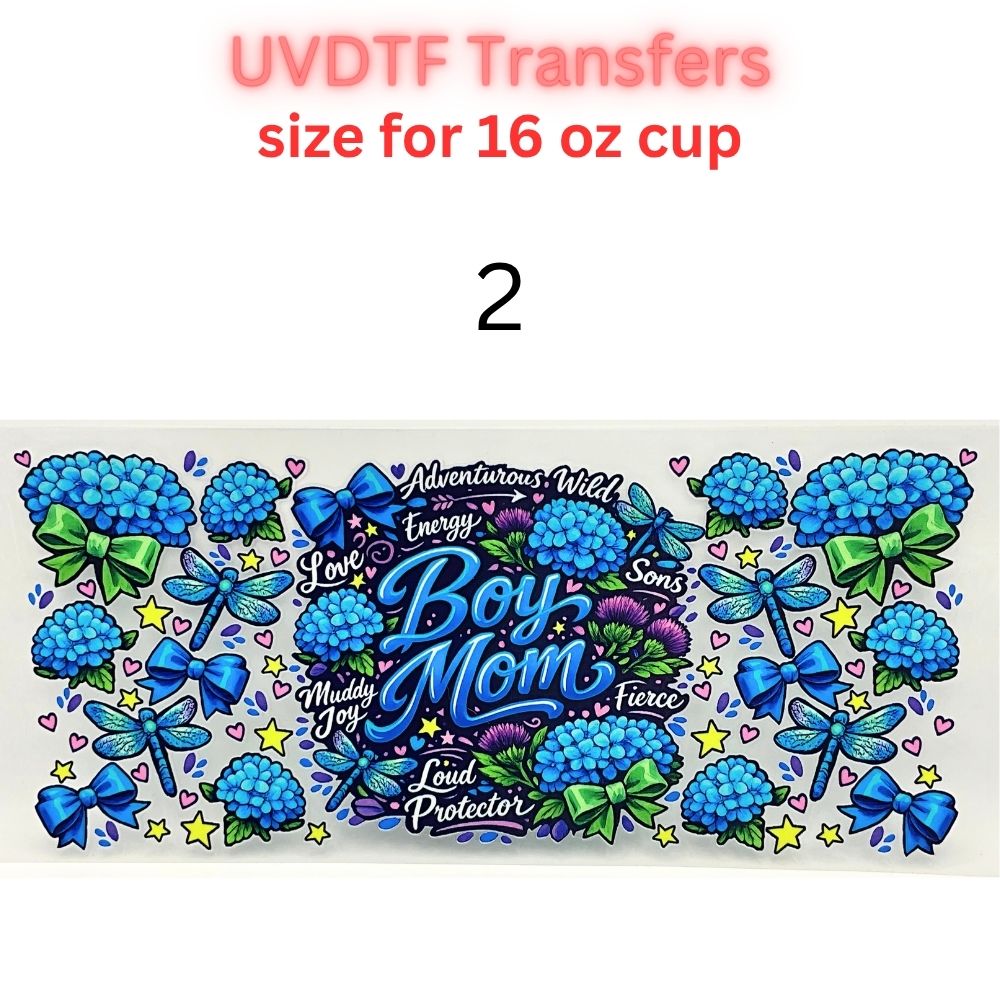 Boy Mom Floral Hydrangea UV DTF Transfer | Blue Floral Glass Can Wrap | 16 oz Cup Decal