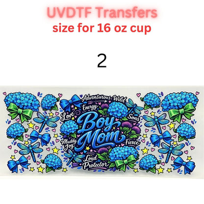 Boy Mom Floral Hydrangea UV DTF Transfer | Blue Floral Glass Can Wrap | 16 oz Cup Decal