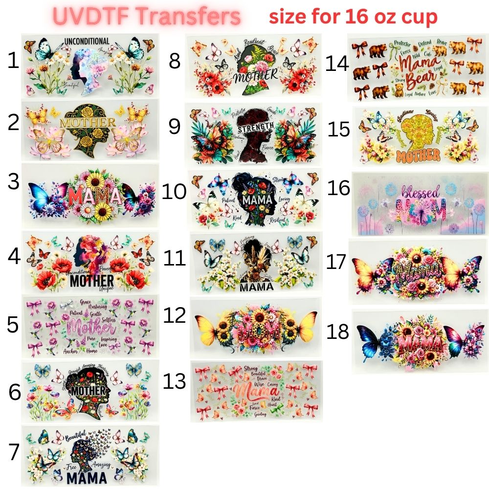 Mother UVDTF Cup Wrap | Mama Floral Tumbler Decal | Mom Gift Transfer | 16oz Glass Cup Wrap | Butterfly Flower Design