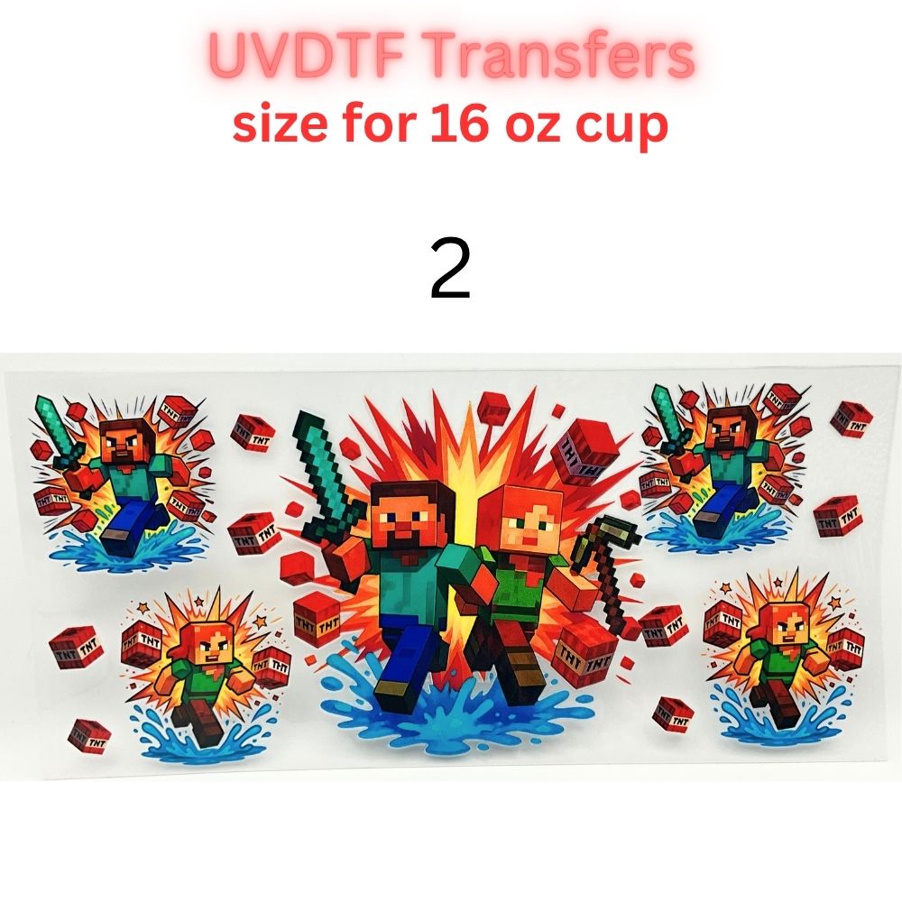 Block Adventure Game Inspired UV DTF Cup Wrap Decal for 16 oz Glass Can | Pixel Mining Theme Waterproof Transfer Sticker