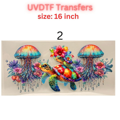 UV DTF Transfer – Colorful Floral Sea Turtle Design – 16 Inch